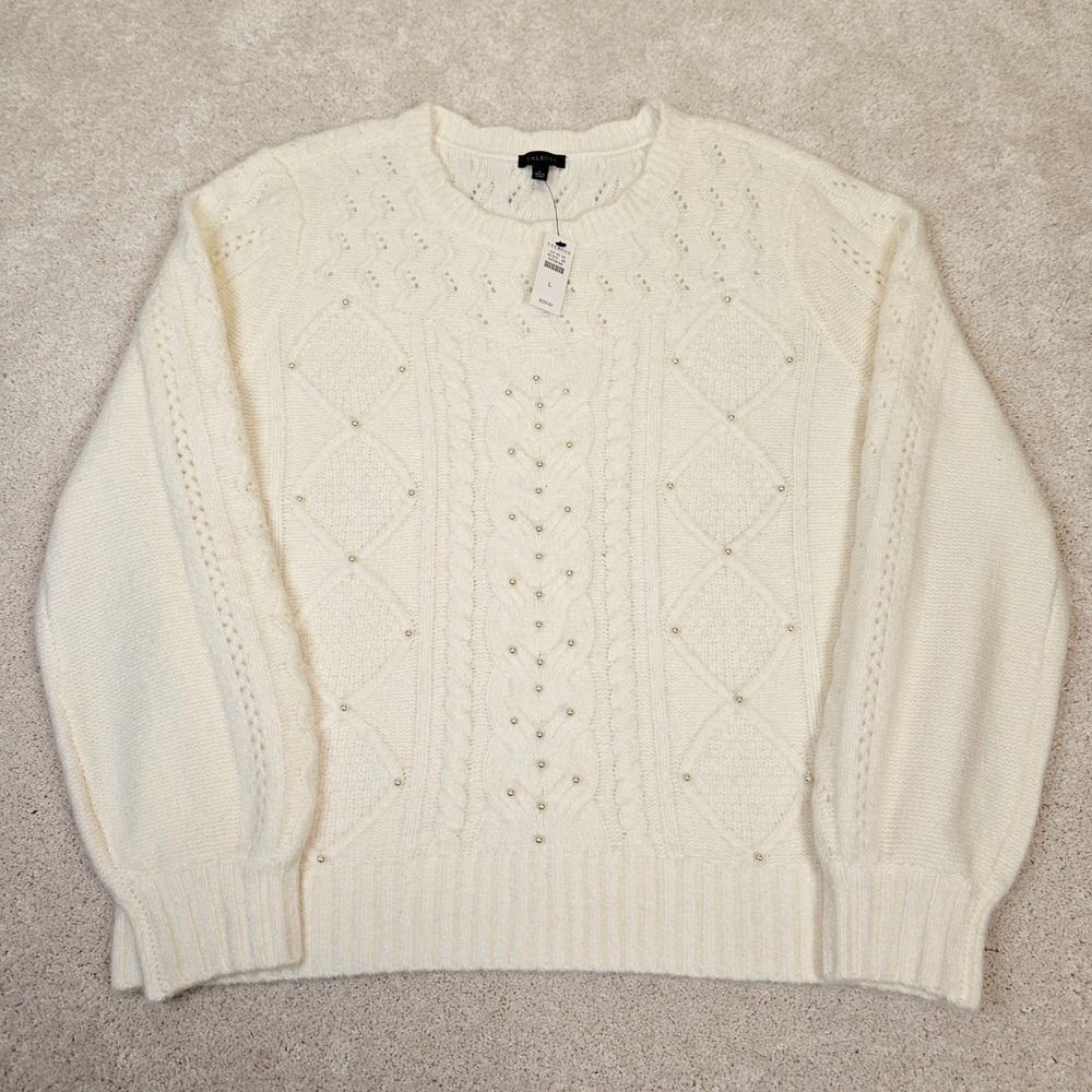 NWTs Talbots Cream Cable Knit Pearl Embellished‎ Sweater L Cottagecore Romantic